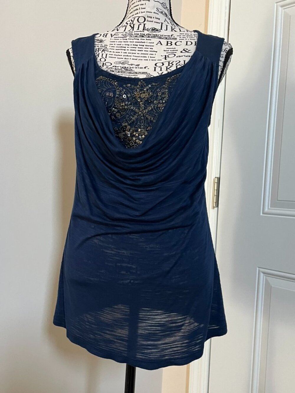 Bobeau Blue Cowl-Neck Top w/ Sequins & Beads, Size Small
